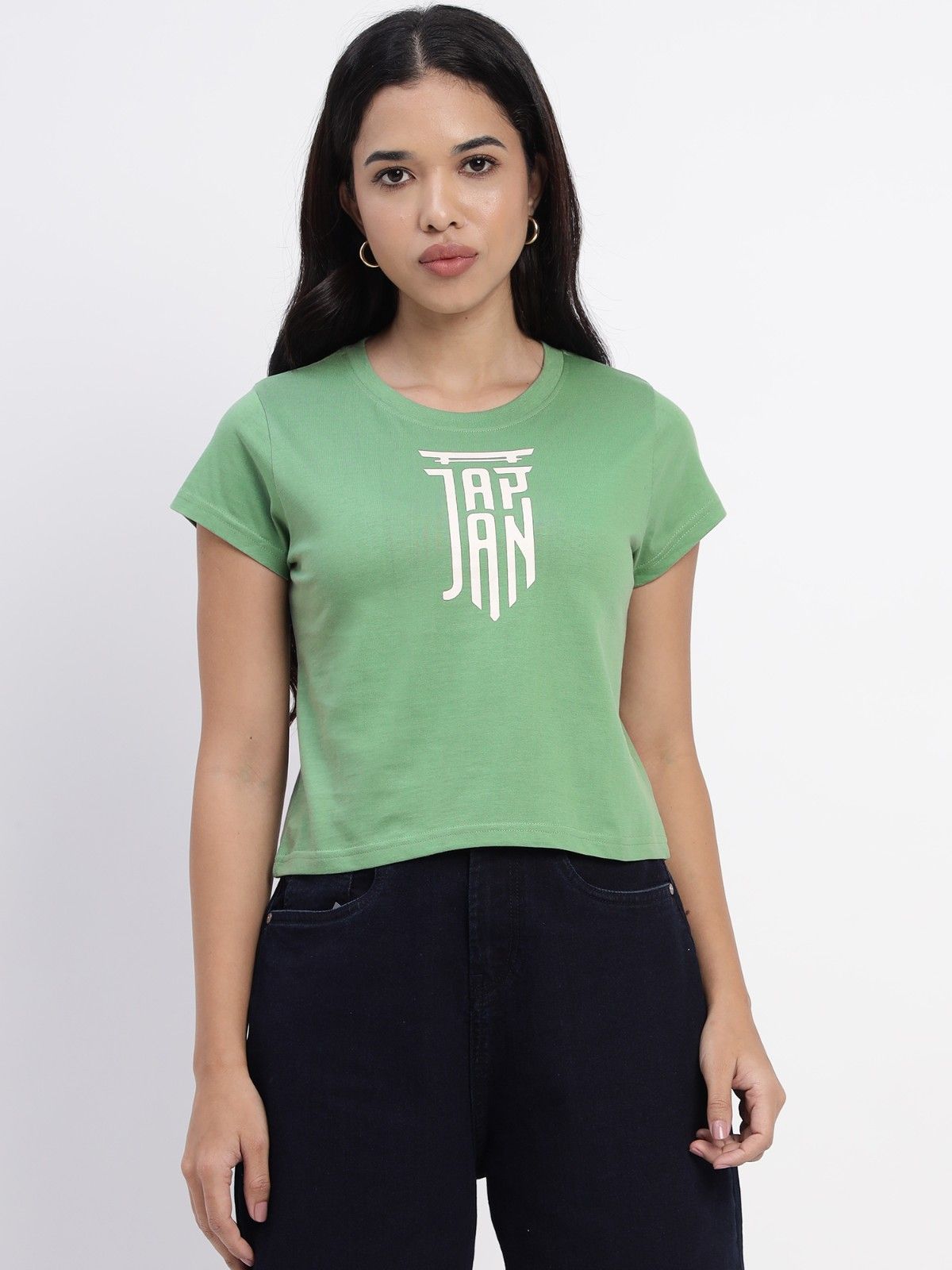 Green Japan Typo Print Design Crop TShirt